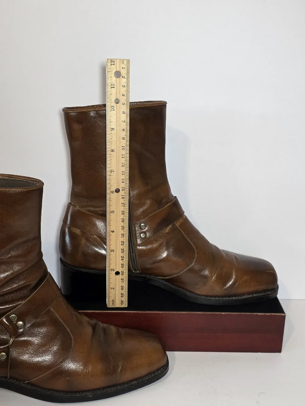 Vintage 70s Mens UN Shoes Brown Leather Zip Harness Boots Square Toe Size 8-8.5